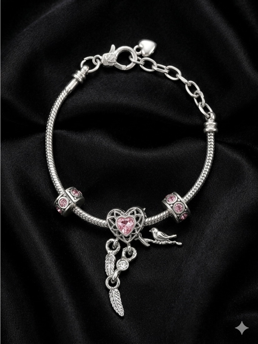 Silver Bracelet with Pink Heart Charm
